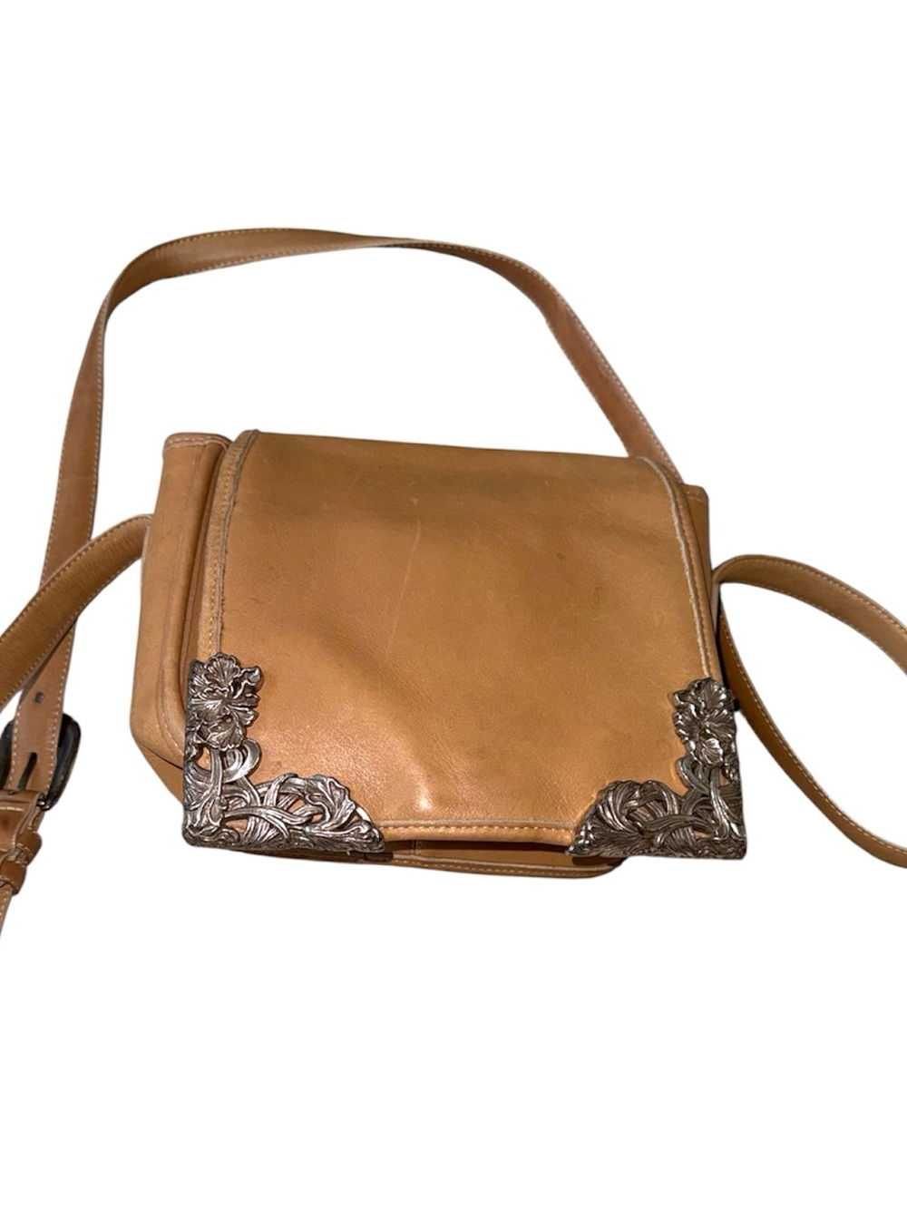 Brighton Tan Leather Crossbody with Ornate Silver Corner Accents
